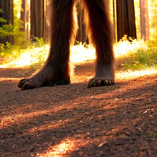 Image similar to bigfoot walking in the california redwoods, golden hour, award winning photography, 2 0 0 mm, f 2. 8, 8 k