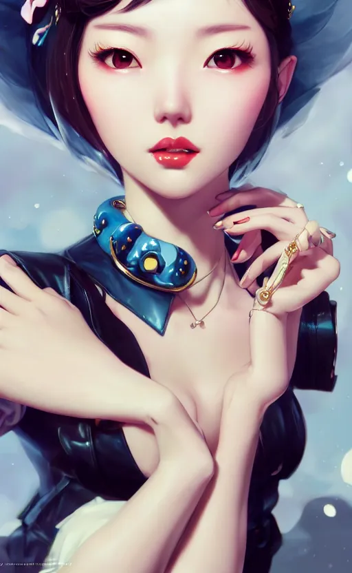 Image similar to a pin up and beautiful fashion charming dreamlke korea girl with lv jewelry, character art, art by artgerm lau and kyoung hwan kim and and ilya kuvshinov and john singer sargent, hyperdetailed, 8 k realistic, symmetrical, frostbite 3 engine, cryengine, dof, trending on artstation, digital art