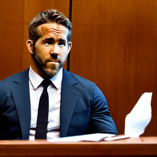 Prompt: ryan reynolds on trial sitting beside his lawyer in a courtroom, highly detailed, extremely high quality, hd, 4 k, 8 k, professional photographer, 4 0 mp, lifelike, top - rated, award winning, realistic, detailed lighting, detailed shadows, sharp, no blur, edited, corrected, trending