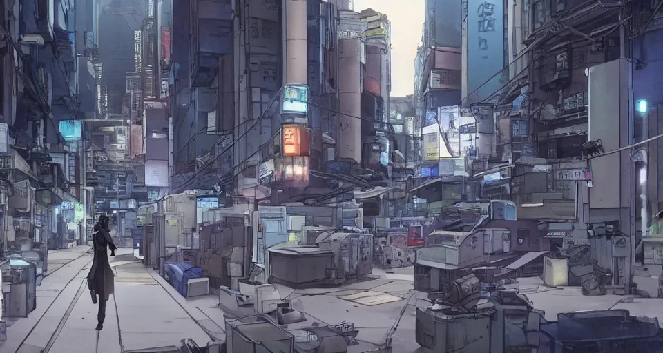 Image similar to Scene within the location called 'Public security section 9'. Cyber anti-crime background environment. Screenshot from an episode of the anime 'Ghost in the shell: Stand Alone Complex' (2003). Produced by 'Production I.G'. Original manga by Masamune Shirow. Art direction by Kazuki Higashiji and Yuusuke Takeda.