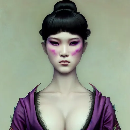 Prompt: photorealistic soft paint of absurdities and curiosities, very beautiful dollpunk asian female full long dress, ultra deep fog, purple black lustrous thin haircut, partial symmetry accurate features, focus, very intricate ultrafine details, award winning masterpiece, tom bagshaw ross tran