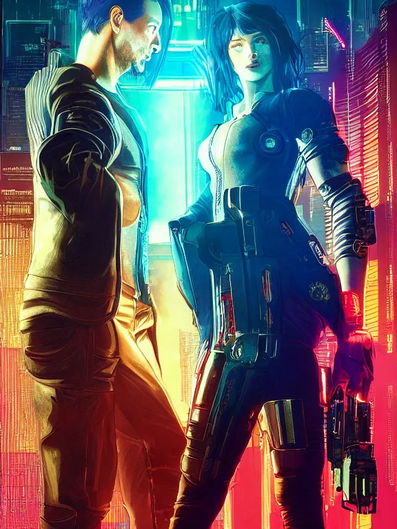 Prompt: a cyberpunk 2077 couple portrait of Keanu Reeves holding V ,love story,film lighting,by Greg Hildebrandt,William Morris,laurie greasley,Dan Mumford,trending on atrstation,FAN ART,full of color,Digital painting,face enhance,highly detailed,8K, octane,golden ratio,cinematic lighting