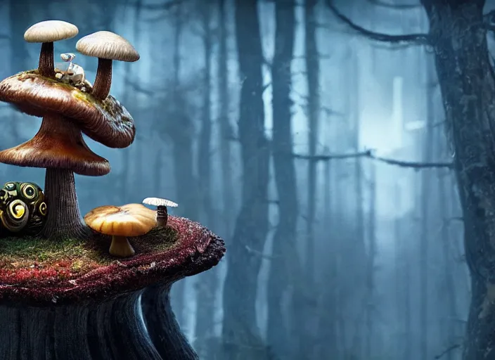 Prompt: intricate mechanical caterpillar sitting on top of a mushroom in a magical forest. Very detailed 8k. Fantasy cyberpunk horror. Sharp. Cinematic post-processing