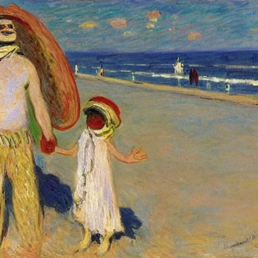 Image similar to a mummy and a werewold holding hands on ipanema beach by monet