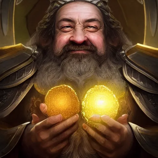 Image similar to symmetrical portrait of a happy dwarf showing off the humongous sparkling gold nugget, realistic, beautiful, fantasy art, dnd, lord of the rings, by bastien lecouffe - deharme, raphael lacoste, concept art, sharp focus, ray tracing