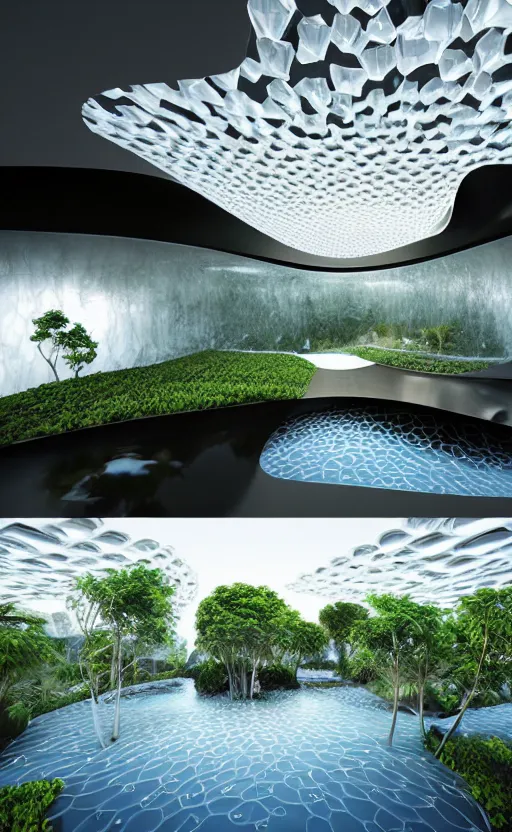 Prompt: villa parametric architecture fluid design, rhizomorph structure, vincent callebaut well - defined style, ultra detailed, monochromatic, natural lighting, volumetric lighting, generative art nebula, cinematic, photo realistic, hyper real, surreal design, flow everywhere, walls made of crystal clear water, droplets on the walls, black metal, magnesium, 8 k,