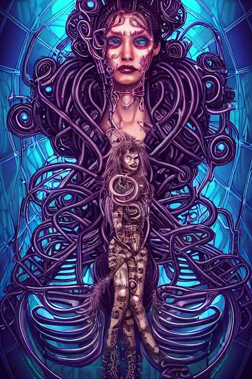 Image similar to Perfectly-centered hyperdetailed symmetrical cinematic surreal arthouse aetherpunk RPG professionally made portrait-illustration of a cyberpunk Medusa dressed in a lovecraftian dress with long ravepunk snakes as hair standing next to sinister otherworldly towers, bionic background, epic comic book cover style, 3D rim light, masterpiece, Gsociety, professional post-processing