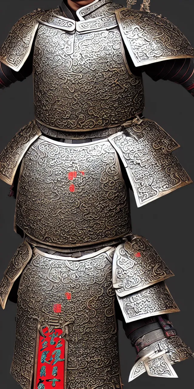 Image similar to detailed photorealistic ancient han chinese warriors soldiers army ⚔ 🪖 ⛩ with traditional chinese engravings and ornamentation on armour and weapons, and shining metallic 3 d surfaces, mandarin calligraphy, damask pattern, wide angle, 3 d