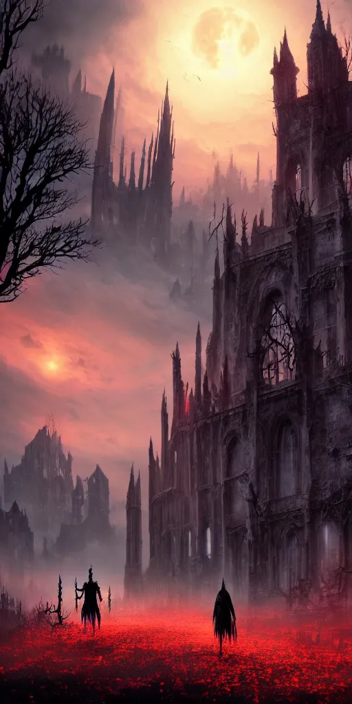 Image similar to abandoned bloodborne old valley with a obscure person at the centre and a ruined gothic city in the background, trees and stars in the background, falling red petals, epic red - orange moonlight, perfect lightning, wallpaper illustration by niko delort and kentaro miura, 4 k, ultra realistic