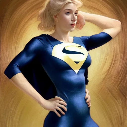 Image similar to a beautiful portrait of a beautiful cute young superhero woman, shoulder - length blonde hair, tight solid matte navy blue lycra bodysuit, white cape, buff, body, muscular, intricate, elegant, 8 k, highly detailed, digital painting, concept art, smooth, sharp focus, illustration, by artgerm greg rutkowski alphonse mucha loish wlop