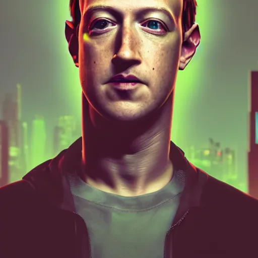 Prompt: cyberpunk mark zuckerberg dramatic self portrait, macro, vibrant, 30mm photography, gta artstyle, wide shot, dramatic lighting, octane render, hyperrealistic, high quality, highly detailed, artstation, HD, beautiful, cinematic, 8k, unreal engine, facial accuracy, symmetrical