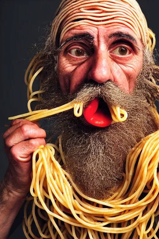 Image similar to extremely detailed portrait of old italian cook, spaghetti mustache, slurping spaghetti, spaghetti in the nostrils, spaghetti hair, spaghetti beard, huge surprised eyes, shocked expression, scarf made from spaghetti, full frame, award winning photo by jimmy eolo perfido