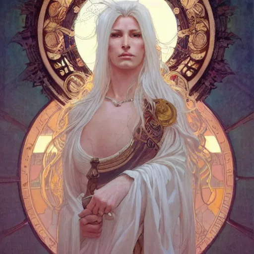 Image similar to God with goddess, white hair, long hair, gorgeous, amazing, intricate, highly detailed, digital painting, artstation, concept art, sharp focus, illustration, art by greg rutkowski and alphonse mucha