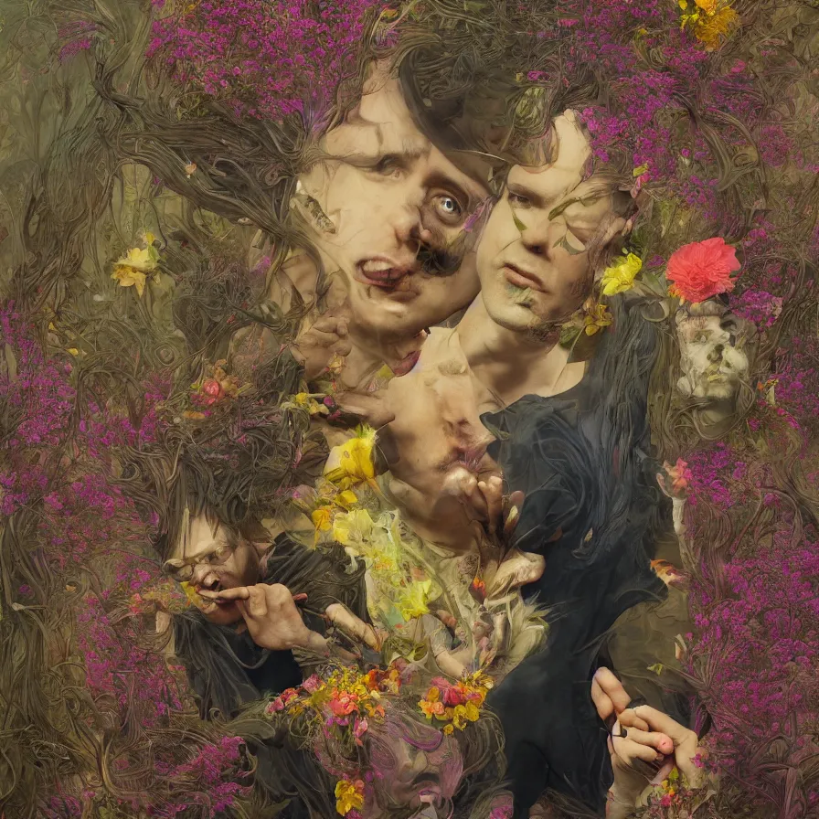 Image similar to male portrait of todd solondz tripping on dmt and becoming god, surrounded by flowers by francis bacon, karol bak, james jean, tom bagshaw, rococo, trending on artstation, cinematic lighting, hyper realism, dramatic, emotional, octane render, 8 k, hyper detailed.