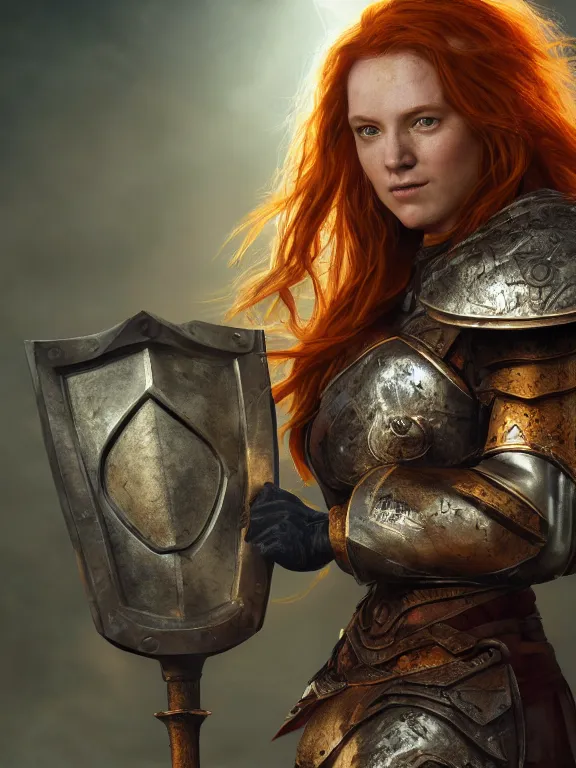 Image similar to dwarven woman, ginger hair, green eyes, holding hammer and shield with plate armour ultra realistic , lens flare, atmosphere, glow, detailed,intricate, full of colour, cinematic lighting, trending on artstation, 4k, hyperrealistic, focused, extreme details,unreal engine 5, cinematic, masterpiece