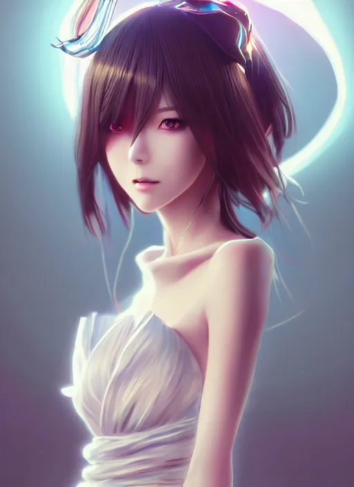 Prompt: beautiful fashion girl in japanese animation, strapless dress, character portrait in the style of thomas river and artgerm, wlop, cinematic lighting, hyperdetailed, 8 k realistic, symmetrical, global illumination, radiant light, halo, love and mercy, frostbite 3 engine, cryengine, dof, trending on artstation, digital art, chanel