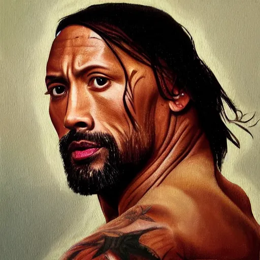 Prompt: oil painting of Dwayne Johnson dressed like a renaissance woman