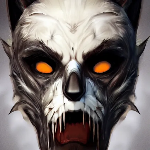 Image similar to painting portrait of a vampire wearing a wolf face mask, artstation, ultra detailed