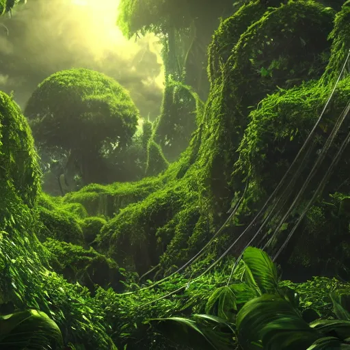 Image similar to cinema 4D cinematic render, utopian jungle in space ,a detailed zoned in human anatomy veins, nature, heavy green, dramatic lens flares,far view apes hanging from vines, a evil dark sun , depth field, unreal engine, sharp, incredible detail, professional composition, quality digital art, 4k, 4k concept art and hyper realism