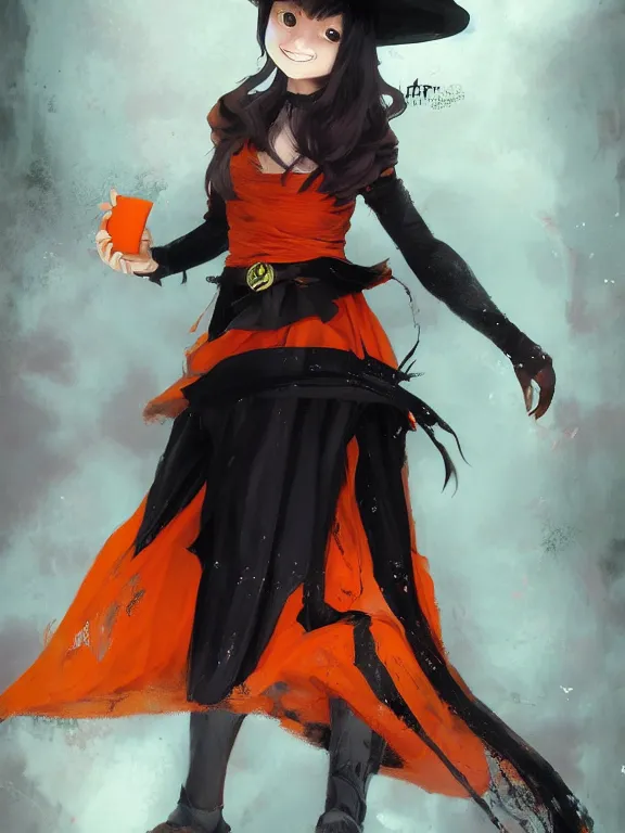 Image similar to Full shot of a mischievous young witch with a cute smile about to get up to some trouble. Latin inspired fashion. Black and Orange palette. Latina girl. From Encanto. By Ruan Jia and Artgerm and Range Murata and WLOP and CLAMP and Loish. Key Art. Fantasy Illustration. award winning, Artstation, intricate details, realistic, Hyperdetailed, 8k resolution.