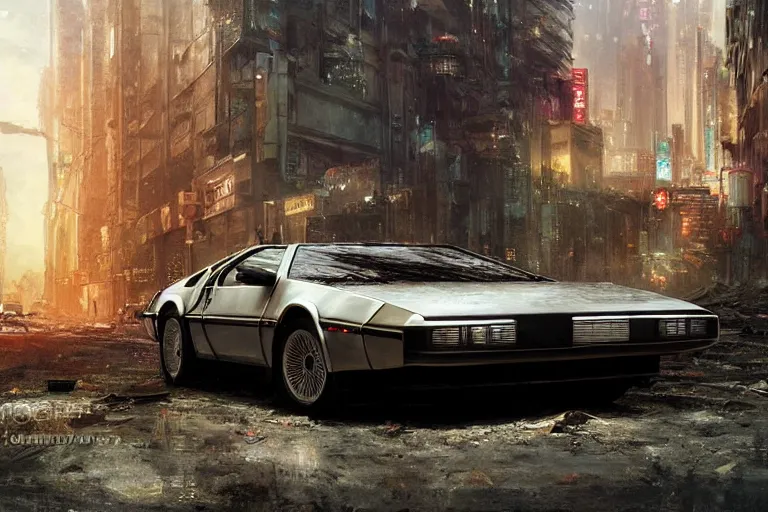 Image similar to photograph of the delorean driving down the streets of a cyberpunk abandoned city, by greg rutkowski, by stanley artgerm, by alphonse mucha