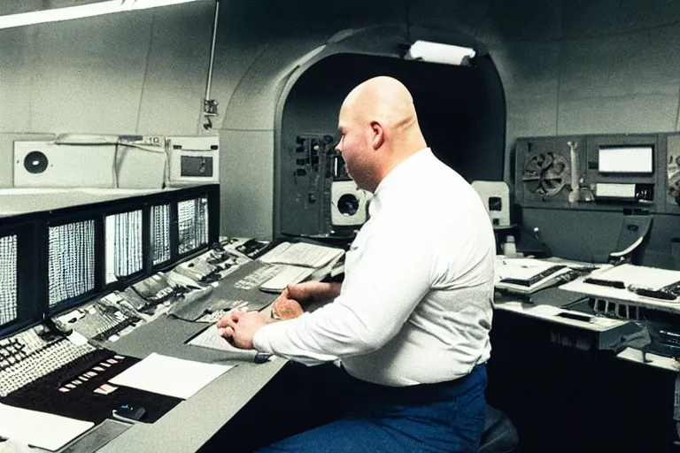 Prompt: heavyset bald man wearing a white shortsleeved shirt and blue jeans working in a nuclear silo control room by Roger Deakins