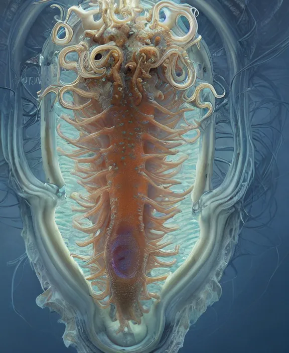 Prompt: intricate transparent portrait of a terrifying beautiful alien sea slug, horns, mottled coloring, adorable, childlike, anxiety environment, ultra realistic, concept art, art nouveau, photorealistic, octane render, 8 k, unreal engine. art by christopher marley and artgerm and greg rutkowski and alphonse mucha