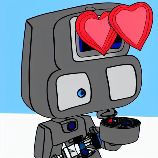 Prompt: a cute robot taking a picture of itself with hearts in the air highly detailed artstation