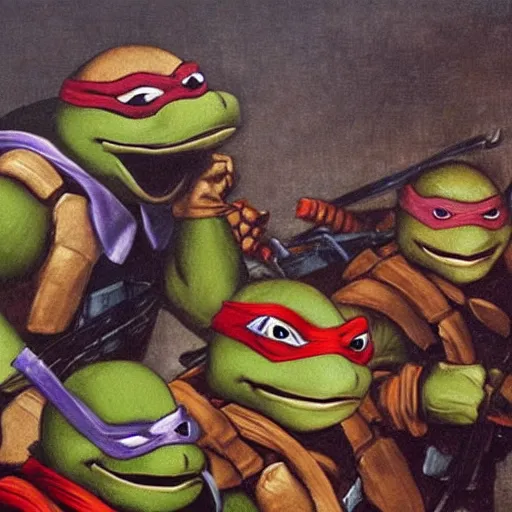 Image similar to teenage mutant ninja turtles by caravaggio, detailed oil painting