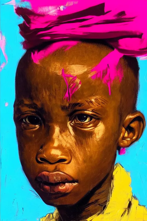 Prompt: portrait of a african young angry boy painted in acrylic, pigment, in the colors hot pink and cyan, beautiful realistic face, rule of thirds, spotlight, by greg rutkowski, by jeremy mann, by francoise nielly, by van gogh, by ross tran, in focus