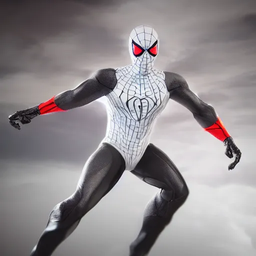 Image similar to black spider - man suit with white web lining, cinematic, volumetric lighting, realistic, hyperdetailed, photorealistic, photograph