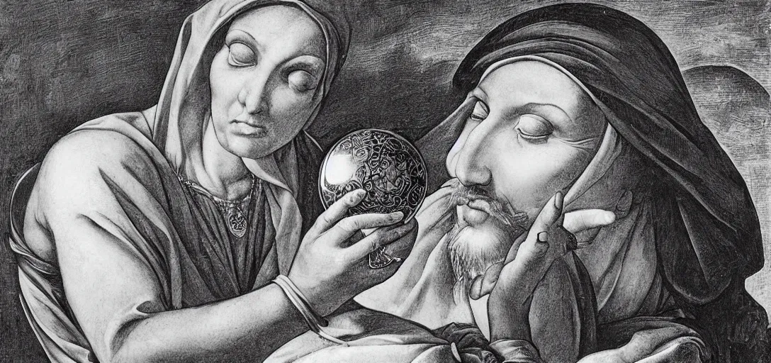 Image similar to a renaissance gypsy fortune teller gazing into a crystal ball in the style of Michelangelo, symmetrical face