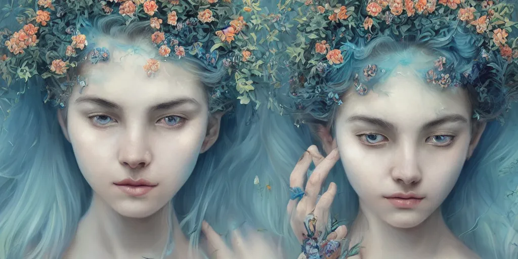 Image similar to breathtaking detailed concept art painting portrait of the hugs goddess of light blue flowers, carroty hair, orthodox saint, with anxious piercing eyes, ornate background, amalgamation of leaves and flowers, by hsiao - ron cheng, extremely moody lighting, 8 k