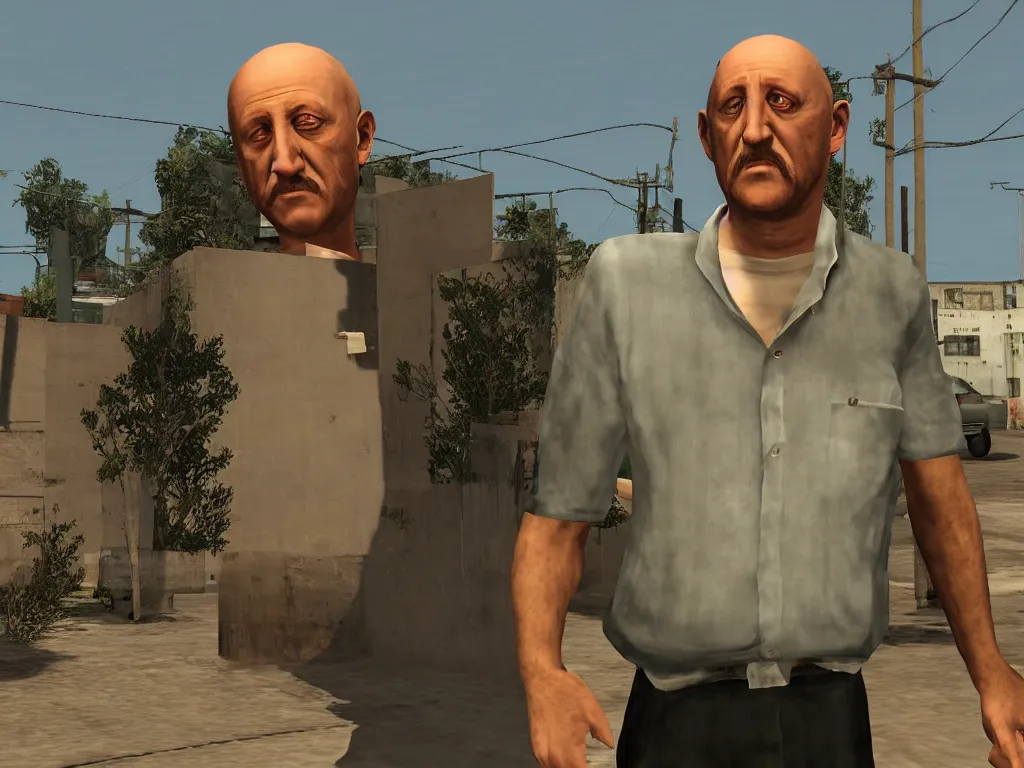 prompthunt: Mike Ehrmantraut in Los Santos, screenshot from the PS2 version  of GTA San Andreas, orange sky, screenshot from 2004, low quality graphics