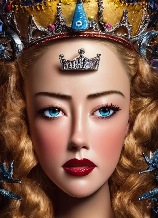 Prompt: closeup face profile portrait of tin toy amber heard as a fairytale princess wearing a crown eating cakes, bikini, depth of field, zeiss lens, detailed, symmetrical, centered, fashion photoshoot, by nicoletta ceccoli, mark ryden, lostfish, breathtaking, 8 k resolution, extremely detailed, beautiful, establishing shot, artistic, hyperrealistic, octane render