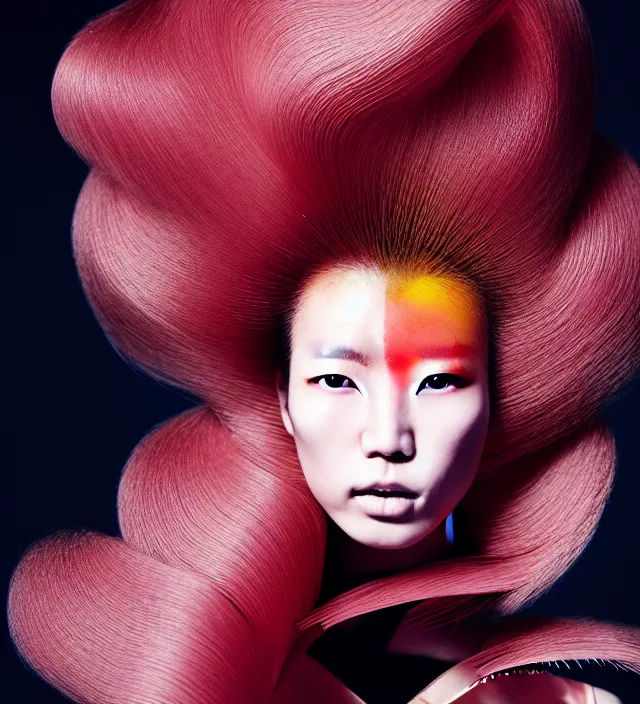 Image similar to photography portrait of stunning japanese woman with great hair style, wearing ae stunning sophisticated coat created by * iris van herpen *, with a colorfull makeup, half in shadow, natural pose, natural lighing, highly detailed, skin grain detail, photography by * paolo roversi *, lighting by * helmut newton *