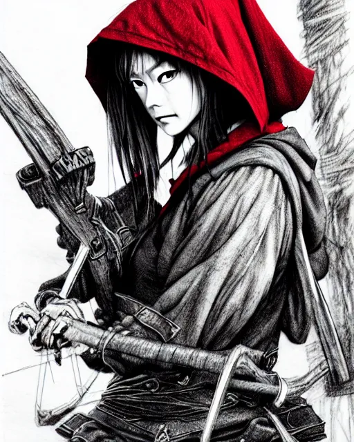 Prompt: red riding hood, dynamic character posse, concept art, hyper - realistic pencil artwork, intricate details, highly detailed, in the style of takehiko inoue, tsukasa hojo, akimino kamijyo, tite kubo, akira hiramoto, tsugumi ohba, makoto yukimura, katsuhiro and inio asano