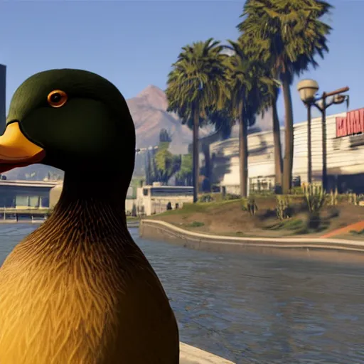 Prompt: a duck on the loading screen of grand theft auto v