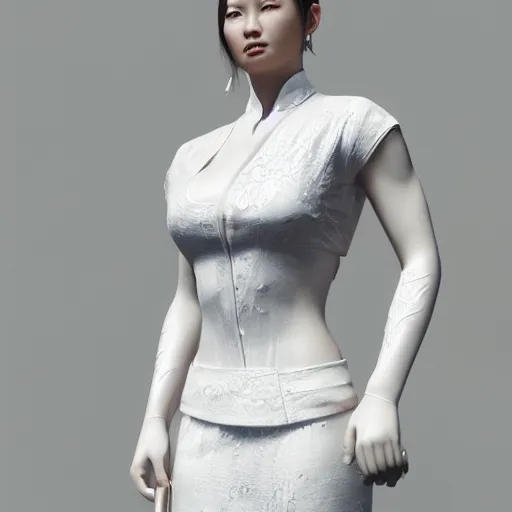 Image similar to muscular oiled woman wearing white ao dai, ultra realistic, concept art, intricate details, highly detailed, photorealistic, octane render, 8 k, unreal engine.