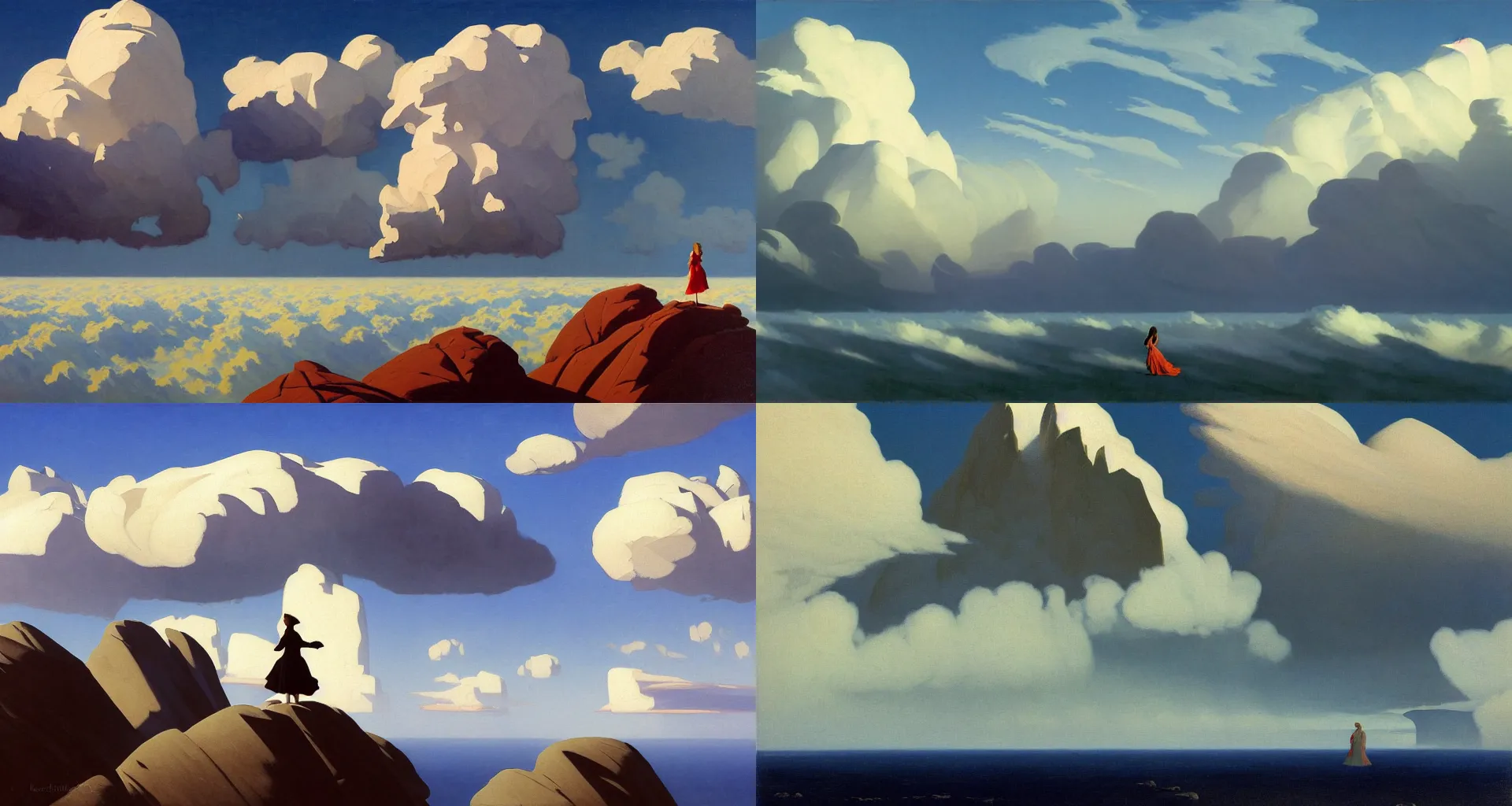 Prompt: above the clouds, dramatic light, ed mell paintings, surreal thunder clouds in the sky, stormy sea by frederick judd waugh, simple form, brutal shapes stormy sky, extremely strong wind, cumulonimbus, woman in dress figure standing on the stones, realism, cinematic view, artwork by ed mell christopher blossom and franklin carmichael and Russ Kramer and ivan aivazovsky and isaac levitan