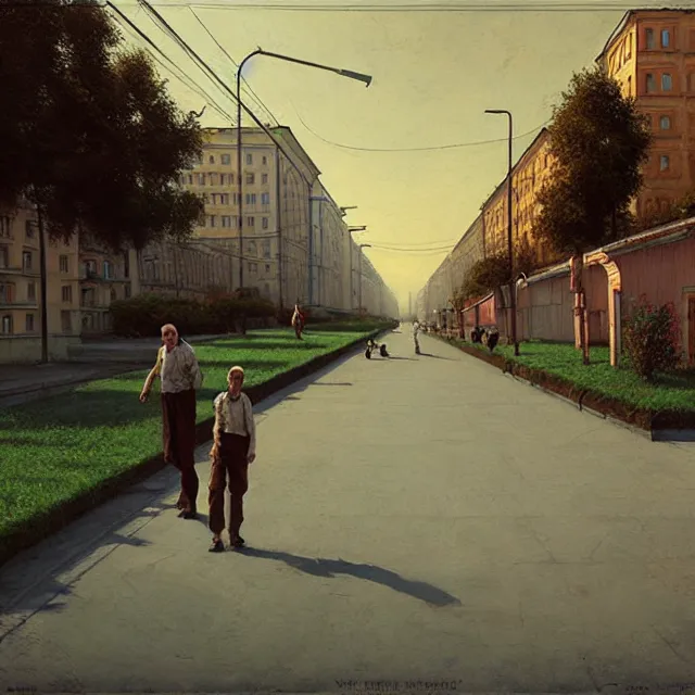 Prompt: street soviet city with a lawn instead of asphalt, cinematic, cgsociety by vincent desiderio, shaun downey, daniel e. greene