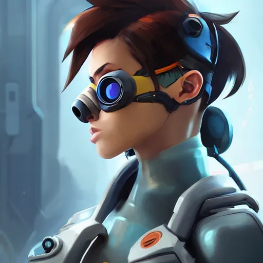 Prompt: overwatch tracer wearing a cyber gas mask, digital art, pretty face, very beautiful face, very detailed eyes, ultra detailed, by woop, greg rutkowski,