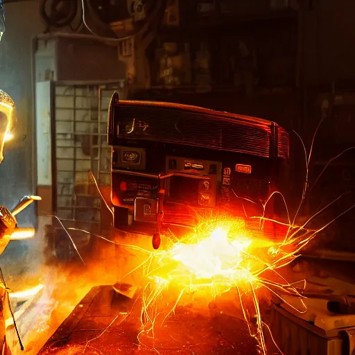 Image similar to cyborg toaster oven repairman, dark messy smoke - filled cluttered workshop, dark, dramatic lighting, orange tint, sparks, plasma rays, cinematic, highly detailed, sci - fi, futuristic, movie still