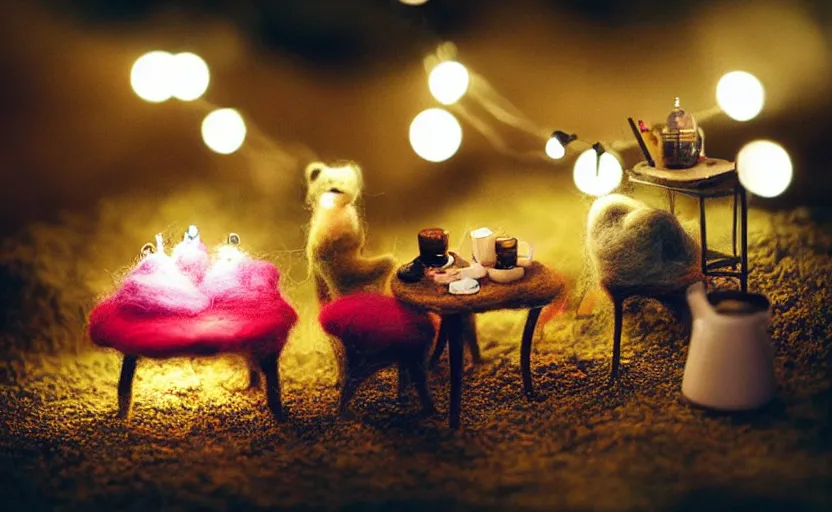 Image similar to mini cafe diorama macro photography, needle felted animals, ambient, atmospheric photograph, string lights, romantic