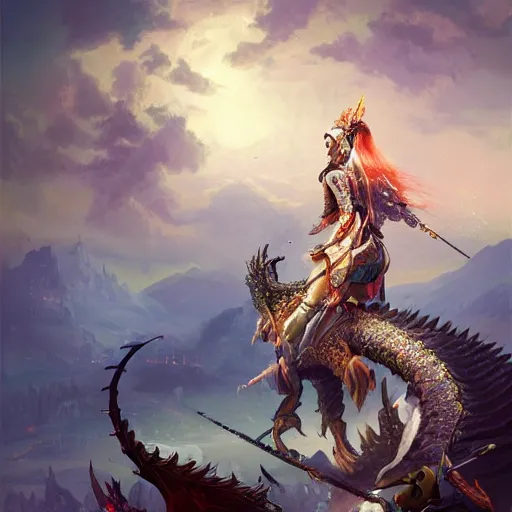 Image similar to breathtaking detailed concept art painting of young girl in armor standing on the back of a dragon, orthodox saint ornate background, by hsiao - ron cheng, very bright lights, 8 k