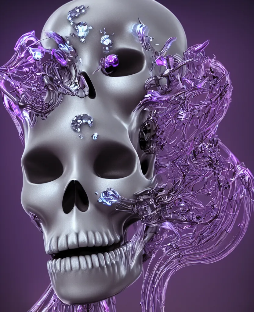 Image similar to close-up macro portrait of the face of a beautiful princess in a skull chrome mask, epic angle and pose, symmetrical artwork, 3d with depth of field, blurred background, cybernetic jellyfish female face skull phoenix bird, translucent, nautilus, energy flows of water and fire. a highly detailed epic cinematic concept art CG render. made in Maya, Blender and Photoshop, octane render, excellent composition, cinematic dystopian brutalist atmosphere, dynamic dramatic cinematic lighting, aesthetic, very inspirational, arthouse. y Greg Rutkowski, Ilya Kuvshinov, WLOP, Stanley Artgerm Lau, Ruan Jia and Fenghua Zhong