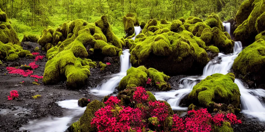 Image similar to photo of a landscape with lush forest, wallpaper, very very wide shot, iceland, new zeeland, green flush moss, national geographic, award landscape photography, professional landscape photography, waterfall, stream of water, hibiscus flowers, big sharp rock, ancient forest, primordial, sunny, day time, beautiful