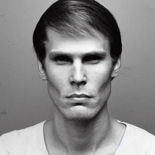 Prompt: A mugshot portrait of a man who looks like Jerma985 with short length wavy hair and a slightly receded hairline and bangs, wearing mid 1980s menswear in the late 1980s, taken in the late 1980s, grainy, realistic, hyperrealistic, very realistic, highly detailed, very detailed, extremely detailed, detailed, trending on artstation, front facing, front view, headshot and bodyshot, detailed face, very detailed face