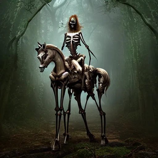 Image similar to a skeletal centaur in a magical forest, nekro style. Very detailed 8k