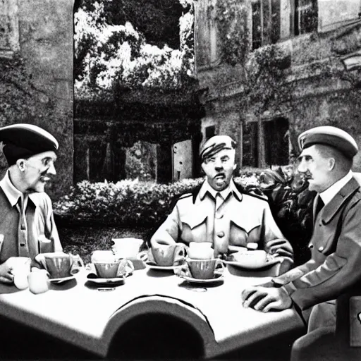 Image similar to god and the holy spirit conversing with hitler and stalin over coffee in a versailles garden